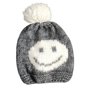 NARDI &‎ TAGLIAFERRI Be Happy beanie happy face grey white pom pom knit beanie